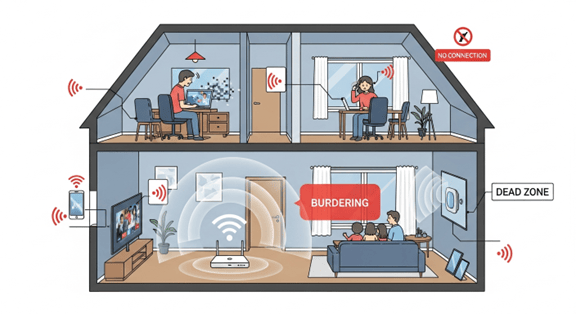 Cross-section illustration of a house showing Wi-Fi dead zones and buffering issues caused by a router's limited signal range across multiple rooms